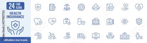 Health insurance web icons in line style. Contains icons health insurance, assurance, medication, doctor's visit, care, medical, HMO, PPO, EPO and more. Vector illustration.