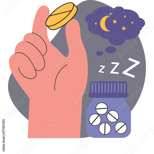 Bild auf Leinwand Hand holding sleeping pill with bottle of pills and night sky dream bubble Zzz s