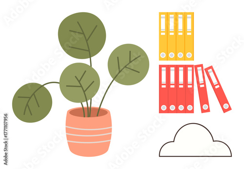 Potted plant, colorful file folders, and cloud outline representing organization, nature, digital storage, sustainability, productivity, minimalism modern work. Ideal for visualizing a simple flat
