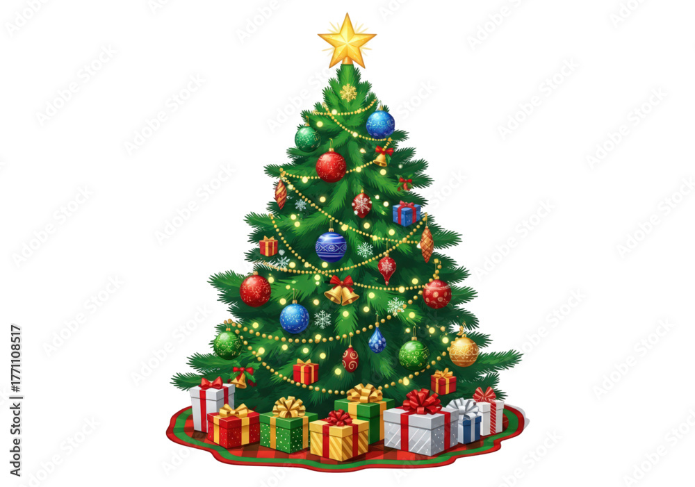 Fototapeta premium Decorated Christmas tree with colorful ornaments and gifts isolated on a white background.