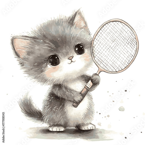 Little fluffy grey kitten badminton player holding racket watercolor illustration. White background   , vector style simple color