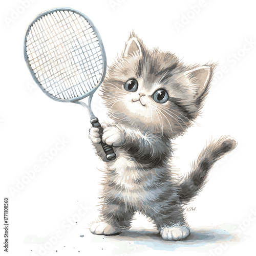 Little fluffy grey kitten badminton player holding racket watercolor illustration. White background   , vector style simple color