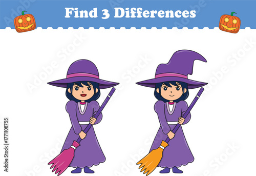 Education game for children find three differences between two kids halloween. Vector illustration