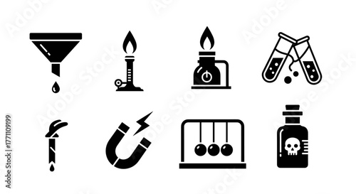 Explore scientific discovery with this dynamic collection of essential laboratory icons featuring a funnel, burner, test tubes, magnet, and more for educational and research visuals.