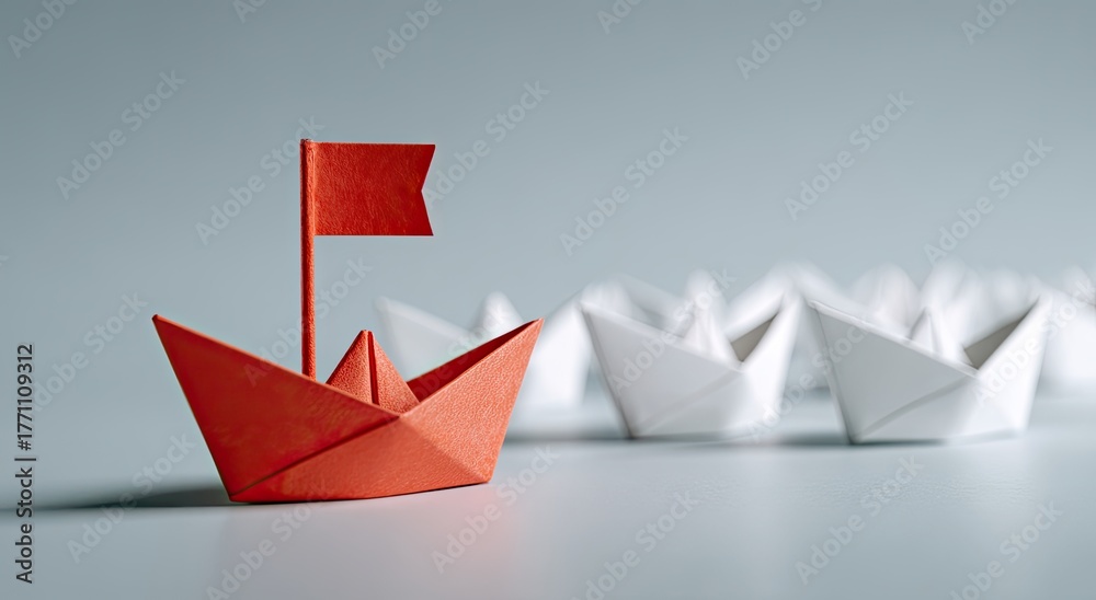 Naklejka premium Red origami boat leading white origami boats