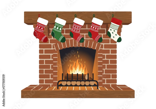 Cozy brick fireplace with five colorful Christmas stockings hanging from the mantel.