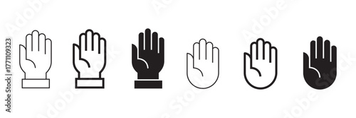 Set of minimalist hand icons with transparent background, depicting stop gestures, warning signals, user interface elements, and communication symbols, vector illustration