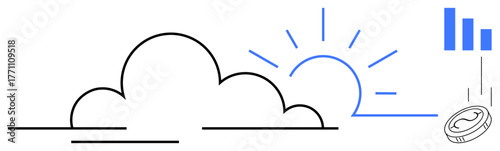 Cloud with a sun rising, minimalist bar chart, and single falling coin. Ideal for growth, economic progress, financial planning, investment opportunities, success, innovation simple flat metaphor