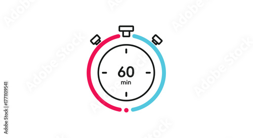 A minimalist line art stopwatch icon displaying '60 min' with a split red and blue circular timer, representing time and duration.