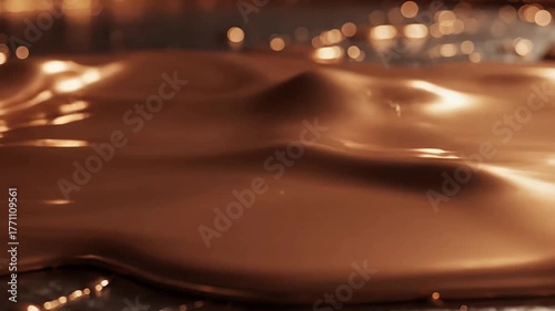 Flowing Melted Chocolate or Caramel Creating Smooth, Glossy Waves and Ripples with Warm Reflections