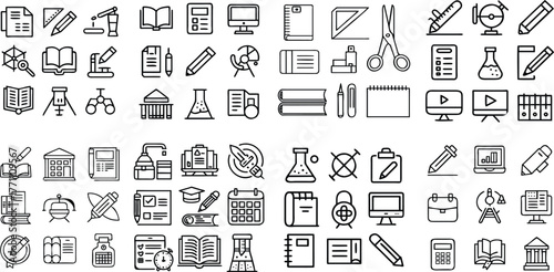 Large collection of line art vector icons representing various school, university, and learning concept elements.
