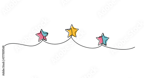 A charming continuous line drawing features three colorful stars, one yellow and two split pink and blue, linked by a flowing black line on a clean white background.