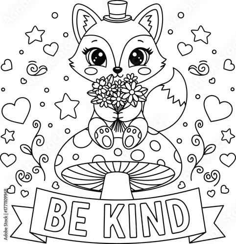 Cute fox coloring page be kind message for kids and adults to color vector