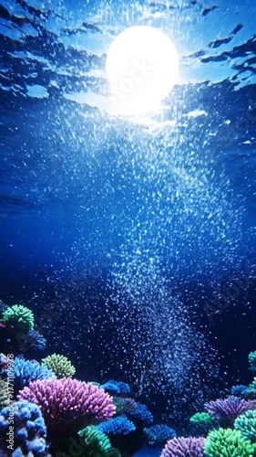 Underwater coral reef with various colors and sunlight reflection