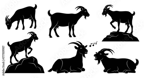 Collection of Black Silhouettes of Goats in Various Poses, Including Standing, Lying, and Climbing on Rocks, with Musical Notes Indicating Sound