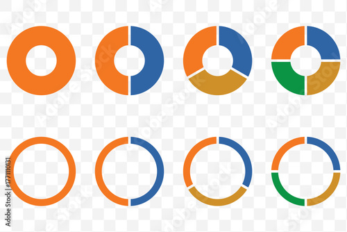 Circle division infographic icon set. Pie chart divided. Color pizza or donut round diagram. Infographic wheel segment and fraction. Vector illustration isolated on white background.