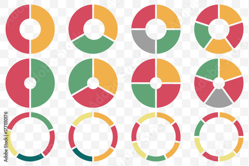 Circle division infographic icon set. Pie chart divided. Color pizza or donut round diagram. Infographic wheel segment and fraction. Vector illustration isolated on white background.
