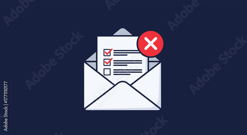 An open envelope with a checklist document and a red 'X' symbol, symbolizing a rejected application, failed process, or an incomplete form.