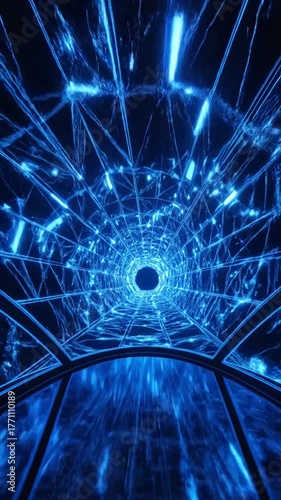 Abstract futuristic tunnel with digital lines and bright blue lights