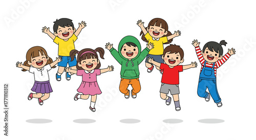 Joyful Kids Jumping High A Vibrant Illustration of Happiness and Friendship