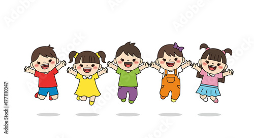 Happy diverse children jumping with joy illustration on a white background