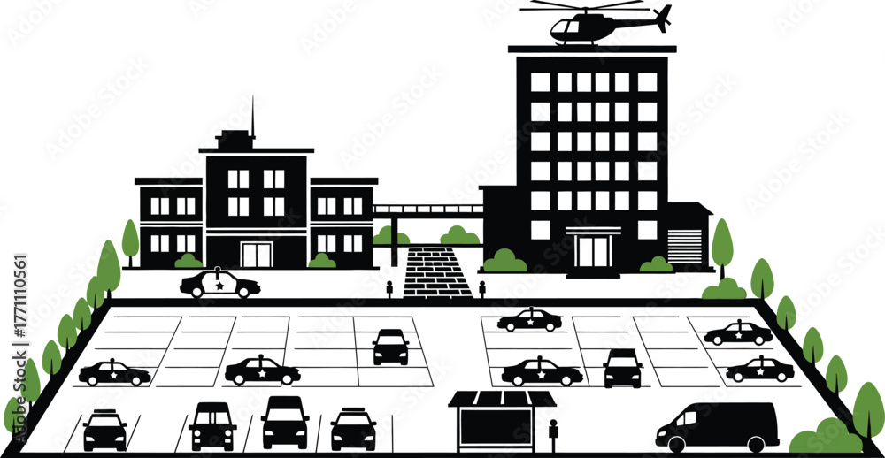 Obraz premium Police station vector illustration with cars and helicopter design vector