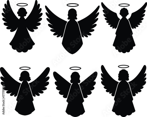 Angel silhouette illustration collection, religious celestial figure vector set, spiritual artwork design, holy wings halo symbol, black flat cad drawing