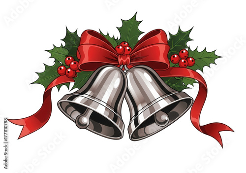 Silver Christmas bells with a festive red bow and holly leaves.