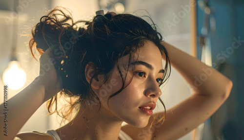 woman brushing her hair