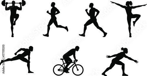Athlete silhouettes, running, sprinting, weightlifting, cycling, gymnastics, martial arts, fitness, exercise, sports motion, dynamic posture, lifestyle, design