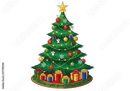 Decorated Christmas tree with gifts and star topper illustration.