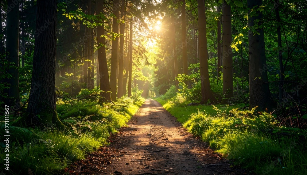 Fototapeta premium Sunlight filtering through a lush green forest path.