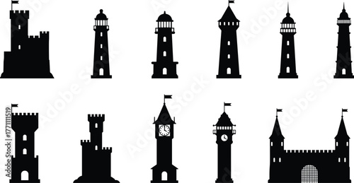 Castle tower silhouettes, medieval fortresses, lighthouses, clock towers, turrets, battlements, spires, historic architecture, fortress buildings, heritage landmarks, architectural design elements