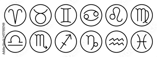 12 zodiac signs, horoscope symbols, astrological round outline icons, aries, taurus, gemini, cancer, leo, virgo, libra, scorpio, capricorn, aquarius, pisces