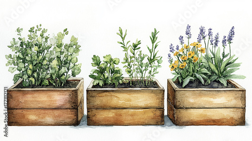 Watercolor Clip art of a Wooden Box Filled with Fresh Basil, Thyme, and Rosemary 