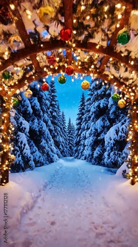 Winter wonderland snow covered archway illuminated by festive lights