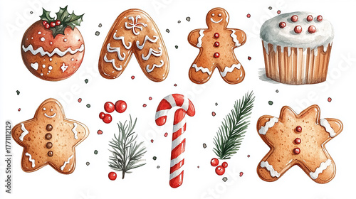 Set watercolor elements with Gingerbread cookies,Cup cocoa and sweets,cookies,sweet holiday card,Christmas menu,season greeting,xmas and New Year sweet composition,space for text.