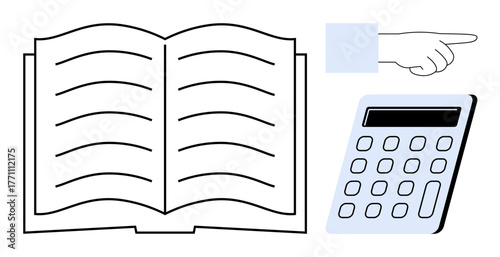 Open book with visible lines, simple calculator, pointing hand. Ideal for education, learning, calculation, guidance, instruction accounting productivity. Flat metaphor for knowledge and assistance