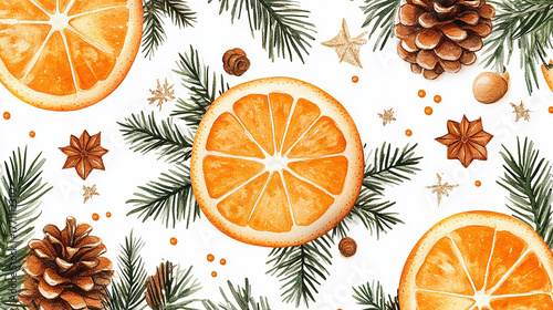 Mandarin fruit orange slice anise star walnut spruce twigs with cone watercolor illustration isolated on white