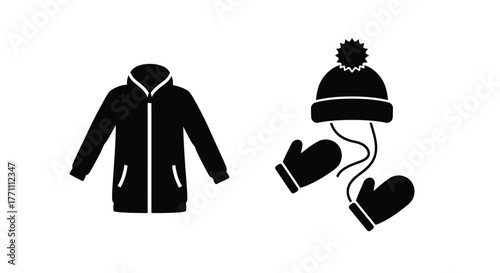 Winter clothing collection a coat hat and mittens icon set