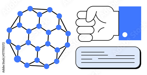 Geometric network with nodes and edges, a clenched fist, and paper material. Ideal for teamwork, communication, data analysis, security, collaboration determination connectivity concepts. Simple