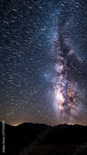 Night sky galaxy view above silhouetted mountains with numerous stars