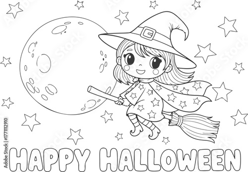 Cute Witch Flying on a Broomstick Under the Moon - Happy Halloween Coloring Page for Kids