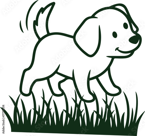 Cute cartoon puppy dog happily running through green grass in a playful and joyful manner