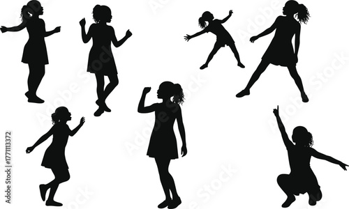 Girl silhouette in dynamic poses, dancing, jumping, crouching, pointing, ponytail child, expressive movement, childhood activity, motion study, animation, character design