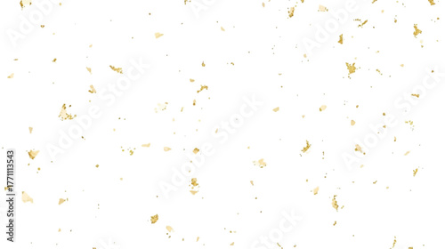 Delicate golden confetti floats against a pristine white backdrop, creating a festive and elegant visual for celebrations and special occasions.