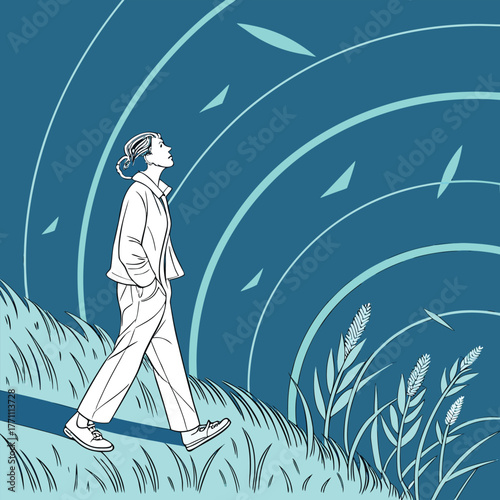 Woman Walking on Path with Concentric Circles person