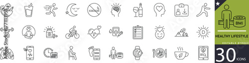 Minimal Healthy Lifestyle Line Icon Set 30 Outline Symbols for Wellness, Fitness, and Nutrition Design