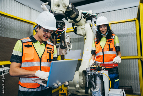 Engineers in safety gear collaborating, using a laptop to troubleshoot or program a robotic arm in a factory. Industrial technology, and the integration of software into modern manufacturing process