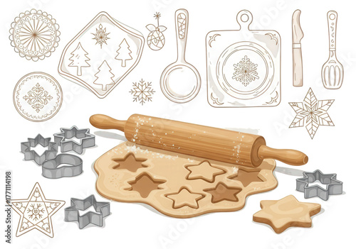 Baking Christmas star cookies with a wooden rolling pin and cutters.